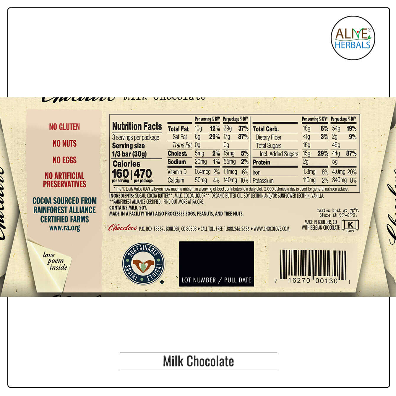 Milk Chocolate - Buy at Natural Food Store | Alive Herbals.