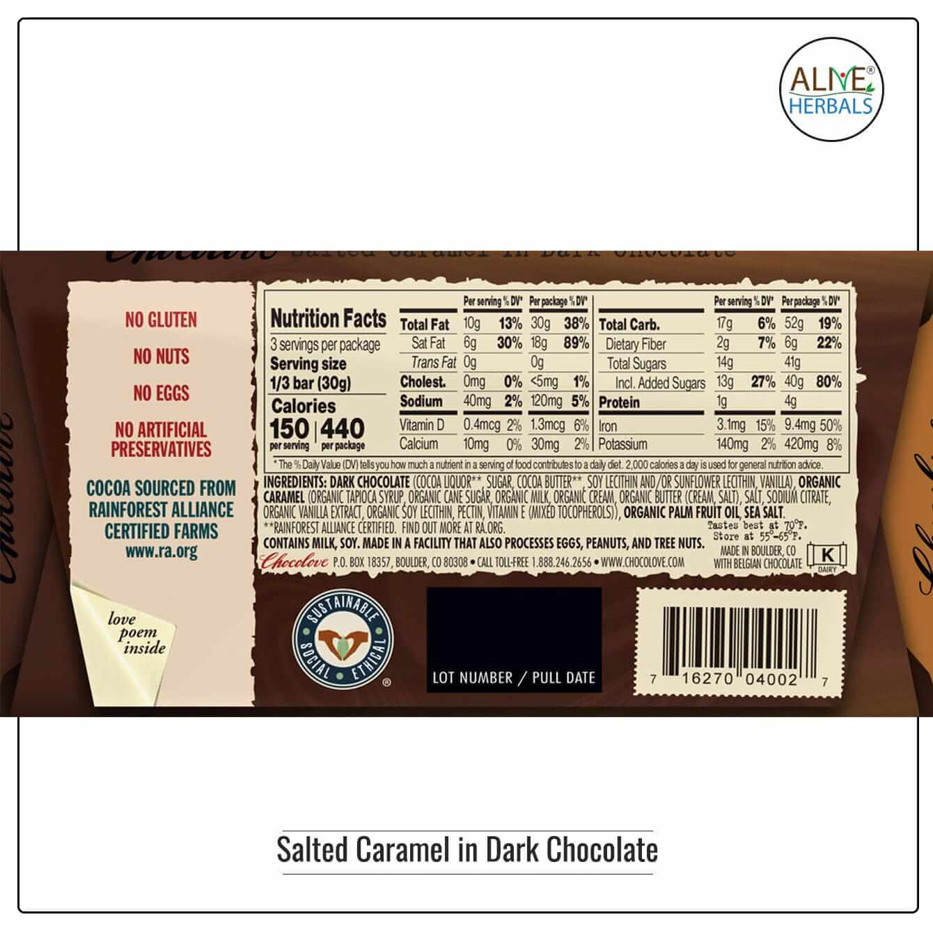 Salted Caramel in Dark Chocolate - Buy at Natural Food Store | Alive Herbals.